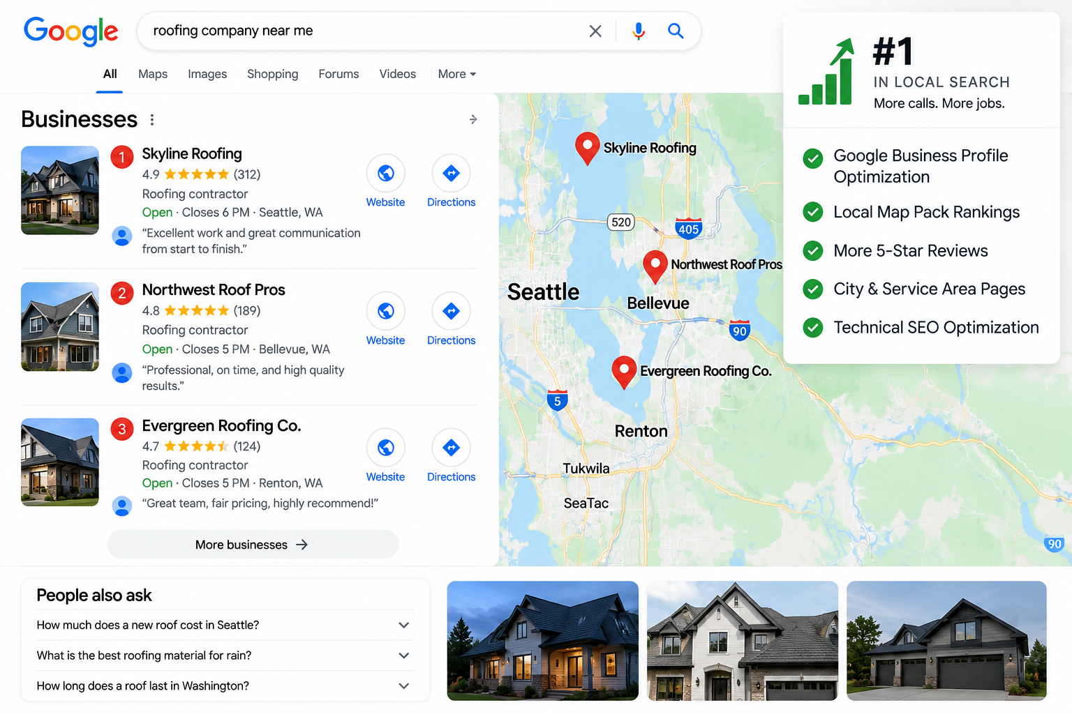 Google local search results and map pack for roofing companies near Seattle