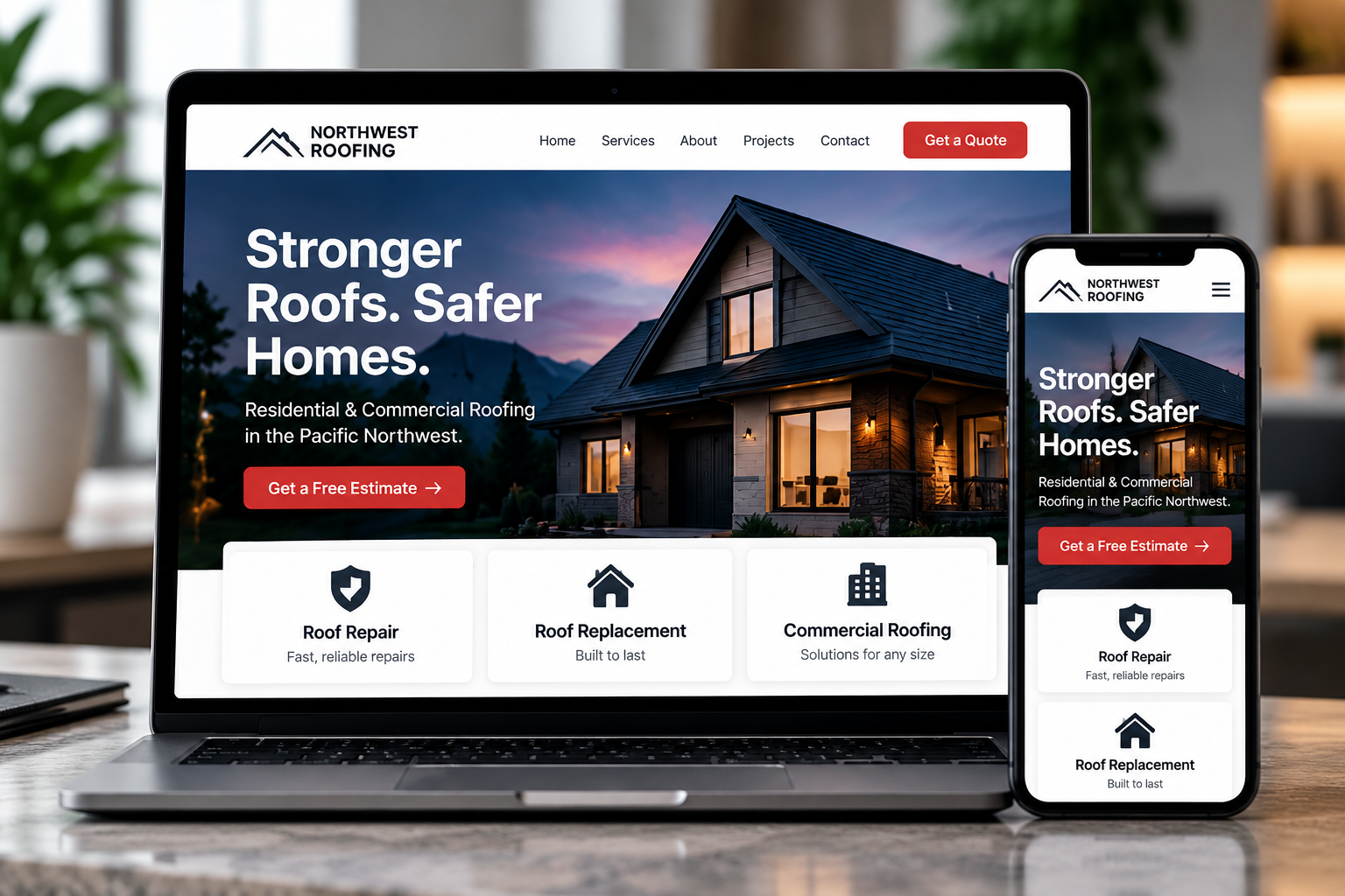 Custom roofing website shown on a laptop and phone